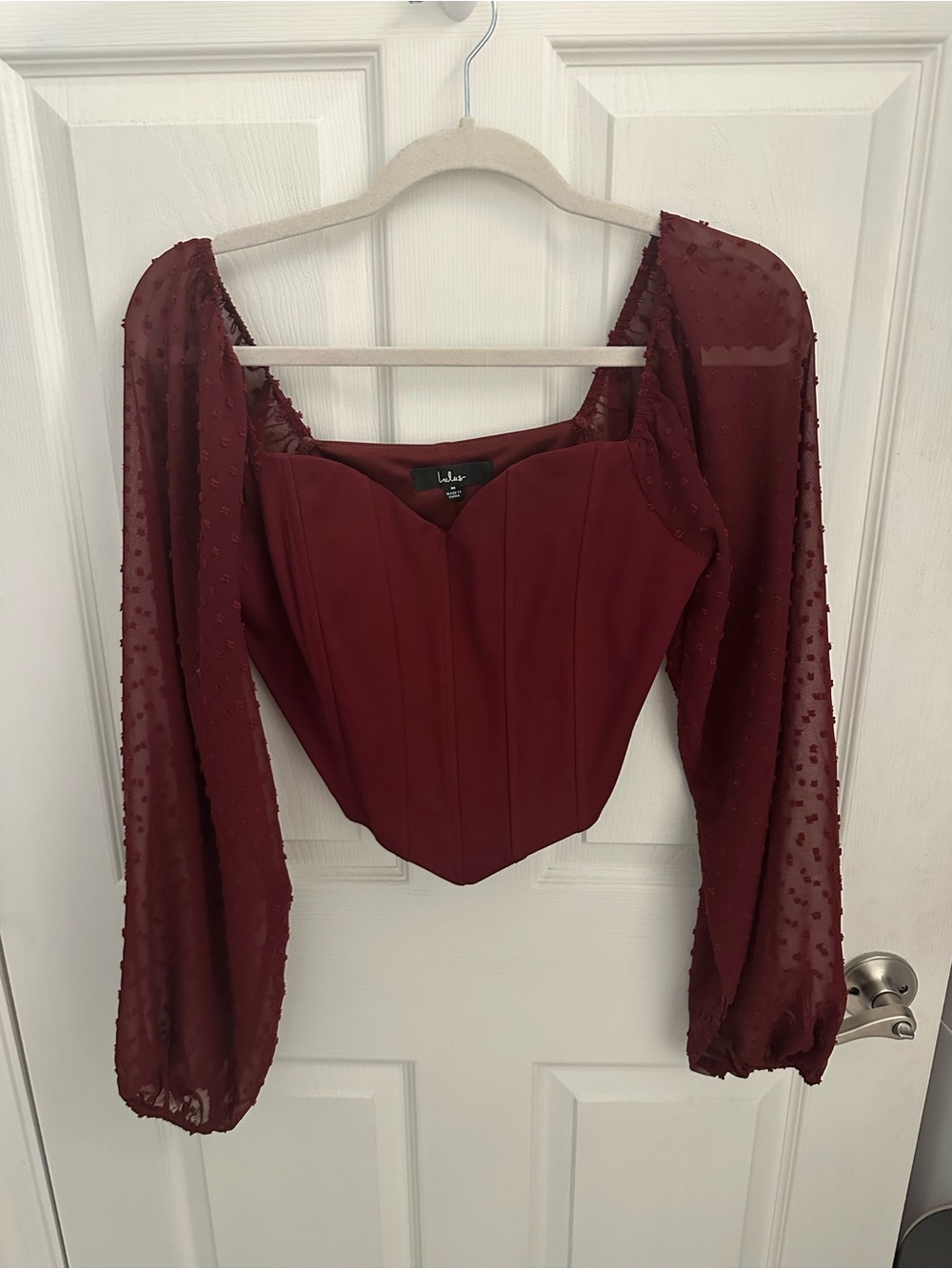 Lulu's Wine Sheer-Dot Corset Blouse